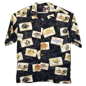 Quiksilver Qs Mens Xl Hawaiian Fish Rayon Button Up S/s Camp Shirt Made In Usa